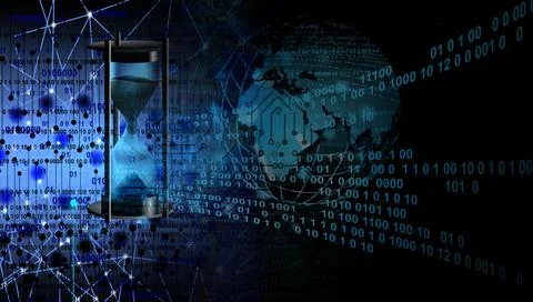 3D rendering of an abstract technology background with an hourglass with binary 스톡 일러스트