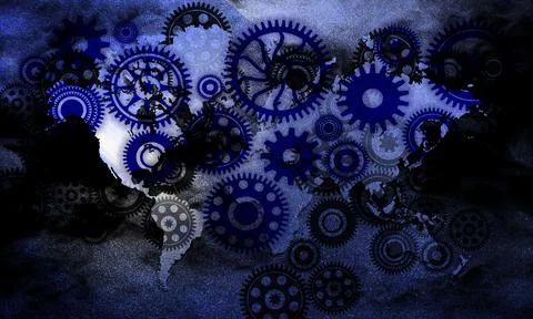 3D rendering of an abstract technology background with the wold map and gears in イラスト素材