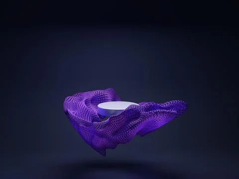 3D rendering of abstract violet metallic figure; design template white pedest Stock Illustration