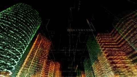 3D rendering of abstract virtual city inside a computer system. Hologram 3D B Stock Illustration