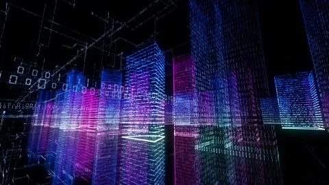 3D rendering of abstract virtual city inside a computer system. Hologram 3D B Stock Illustration