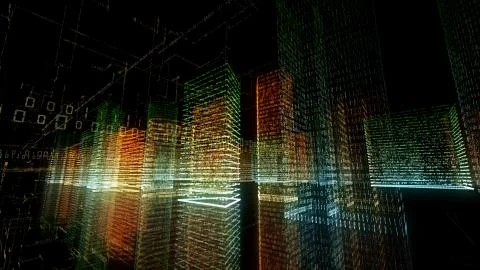 3D rendering of abstract virtual city inside a computer system. Hologram 3D B Stock Illustration