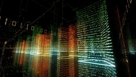 3D rendering of abstract virtual city inside a computer system. Hologram 3D B Stock-Illustration