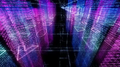 3D rendering of abstract virtual city inside a computer system. Hologram 3D B Stock Illustration