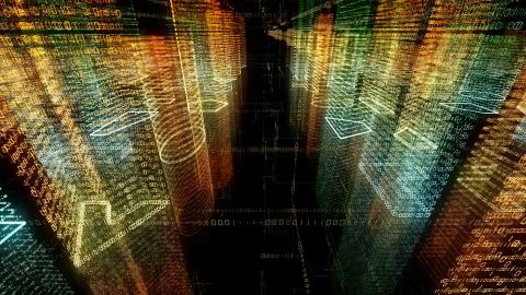 3D rendering of abstract virtual city inside a computer system. Hologram 3D B Stock Illustration