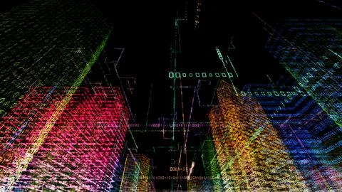 3D rendering of abstract virtual city inside a computer system. Hologram 3D B Stock-Illustration