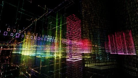 3D rendering of abstract virtual city inside a computer system. Hologram 3D B Stock Illustration