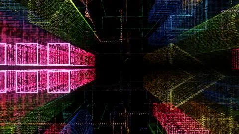 3D rendering of abstract virtual city inside a computer system. Hologram 3D B Stock Illustration