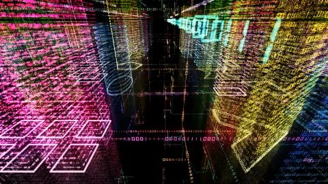 3D rendering of abstract virtual city inside a computer system. Hologram 3D B Stock Illustration