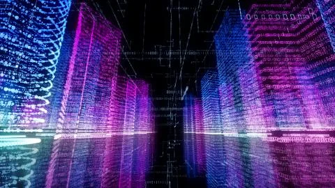 3D rendering of abstract virtual city inside a computer system. Hologram 3D B Stock Illustration
