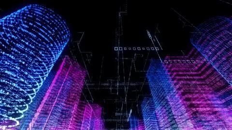 3D rendering of abstract virtual city inside a computer system. Hologram 3D B Stock Illustration