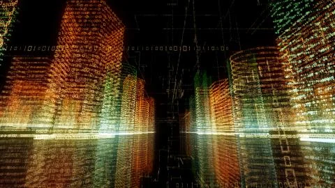 3D rendering of abstract virtual city inside a computer system. Hologram 3D B Stock Illustration