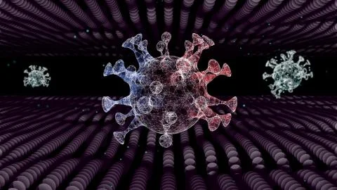 3D rendering of abstract virus cell models floating through tunnel of electric Stock Illustration
