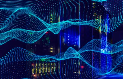 3d rendering abstract waves of data flows in a modern data center. Computer Stock Illustration