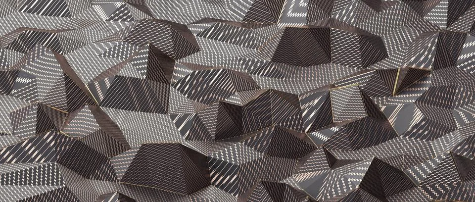 A 3D rendering of abstract white and gray triangles on a dark silver backgrou Illustrazione stock