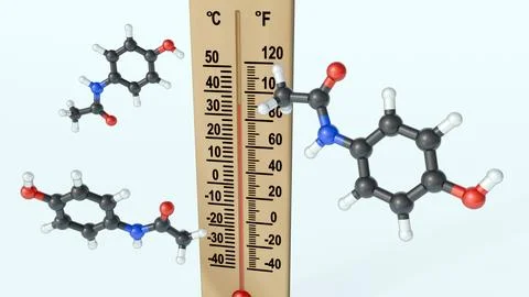 A 3D rendering of acetaminophen molecules and an analog thermometer. Stock Illustration