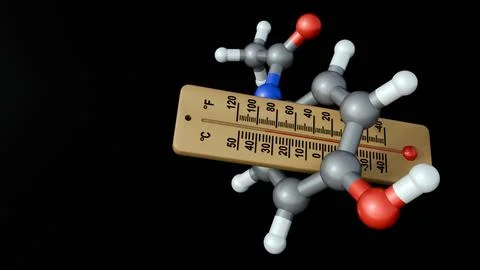 A 3D rendering of acetaminophen molecules and an analog thermometer. Stock Illustration