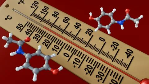 A 3D rendering of acetaminophen molecules and an analog thermometer. Stock Illustration
