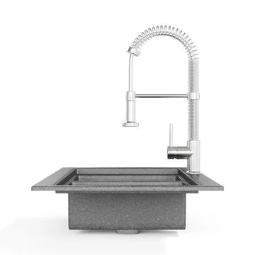 3D rendering of an adjustable spout on grey granite kitchen sink. Stock Photos