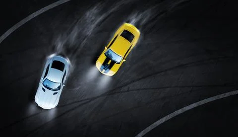 3D rendering aerial top view two cars drifting battle the night time on race Stock Photos