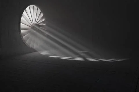 3D rendering of an agef turbine with light rays in concrete garage 3D rend... Stock Photos