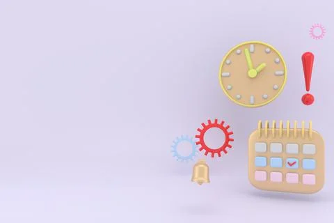 3D Rendering of Agenda element icons calendar and clock with copy space on ba Stock Illustration