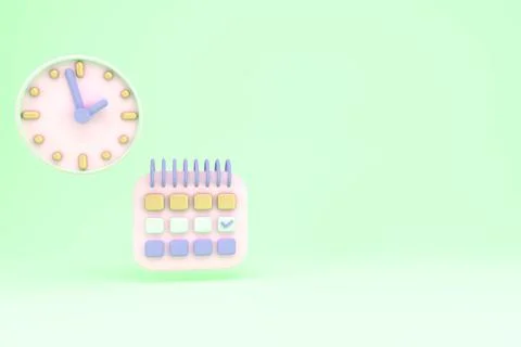 3D Rendering of Agenda element icons calendar and clock with copy space on ba Stock Illustration