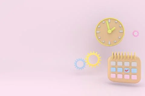 3D Rendering of Agenda element icons calendar and clock with copy space on ba Stock Illustration