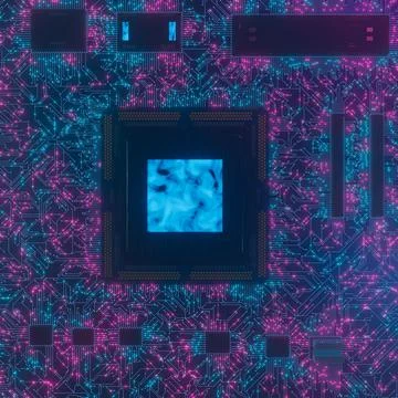 3D rendering. AI. Circuit board. Technology background. Central Computer Proc Stock Illustration