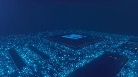 3D rendering. AI. Circuit board. Technology background. Central Computer Proc Stock Illustration