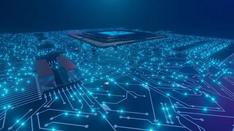 3D rendering. AI. Circuit board. Technology background. Central Computer Proc Stock Illustration