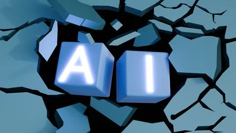 A 3d rendering of AI cubes forcefully shattering through a surface. Ilustração Stock