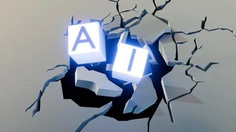 A 3d rendering of AI cubes forcefully shattering through a surface. Ilustração Stock
