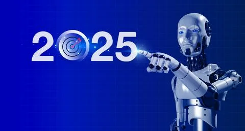3d rendering AI robot humanoid touching on 2025 calendar year numbers with .. Stock Photos