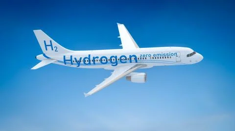 A 3d rendering of an airplane with "H2" and "Hydrogen zero emission" text aga Stock Illustration