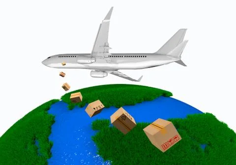 3D rendering Airplane scatters parcels over planet Earth Stock Illustration