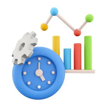3d rendering alarm clock with gear growth bar graph icon. 3d render blue timer Stock Illustration