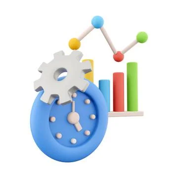 3d rendering alarm clock with gear growth bar graph icon. 3d render blue timer Stock Illustration