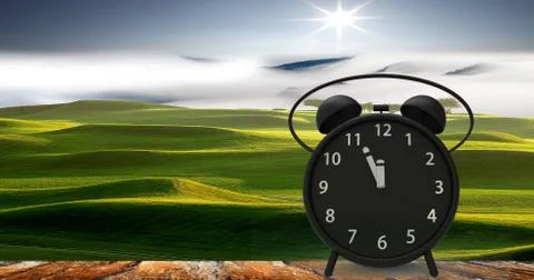 3d rendering of alarm clock with little minutes to twelve o'clock 스톡 일러스트