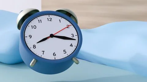A 3d rendering of alarm clock rests on a bedding set. Stock Illustration