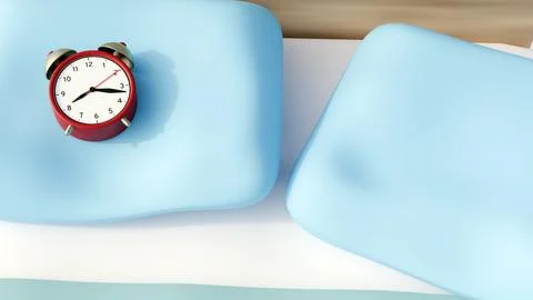 A 3d rendering of alarm clock rests on a bedding set. Stock Illustration