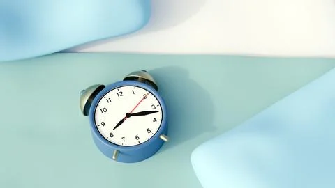A 3d rendering of alarm clock rests on a bedding set. Stock Illustration
