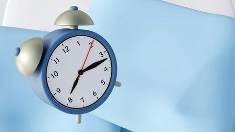 A 3d rendering of alarm clock rests on a bedding set. Stock Illustration