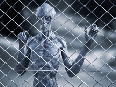 3D rendering of an alien creature captive behind a fence. Stock Illustration