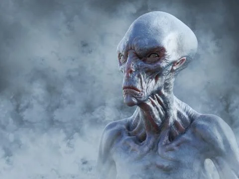 3D rendering of an alien creature surrounded by smoke. Illustrazione stock