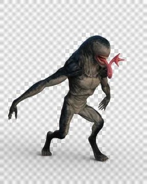 3D Rendering of an alien monster with a very long pointed tongue isolated on  Stock Illustration