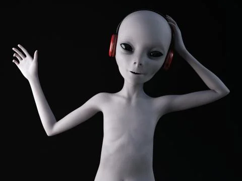 3D rendering of an alien wearing headphones. Illustrazione stock