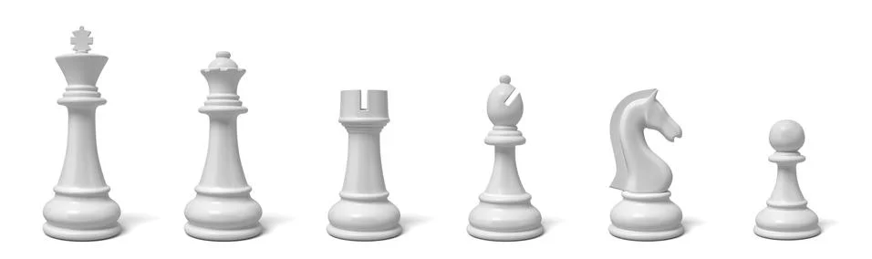 3d rendering of all six different chess pieces of black color standing in line. Stock-Illustration