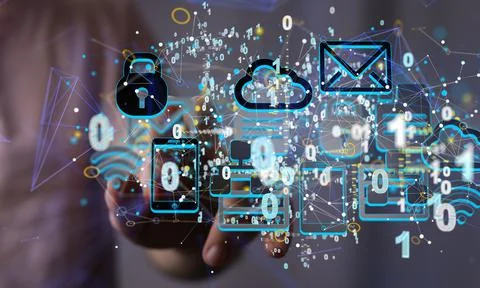3d rendering of Analytics Data cloud storage network and lines in particle style Stock Photos