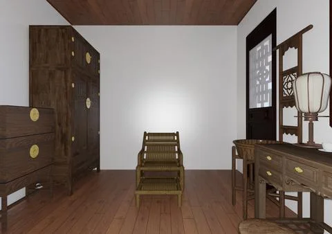 3D Rendering Ancient Chinese Bedroom Stock Illustration